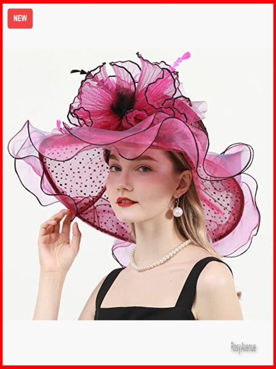 Wide Brim Organza Fascinator Hat with Detachable Flower Feather Derby main image 4